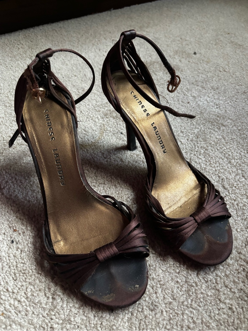 SOLD Dirty and abused Women's Brown Satin Ankle-Strap Heels
